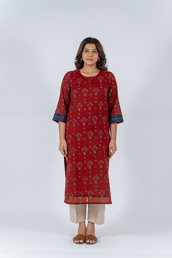 Cotton Ajark Printed Kurta - Maroon