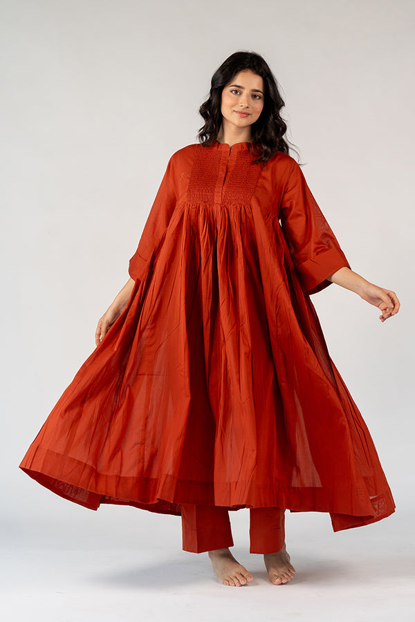 Cotton Hand Embroidered Kurta - Rust