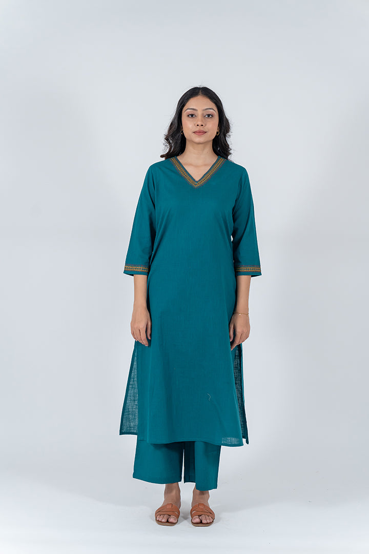 Cotton Hand Embroidery Kurta - Jade Green