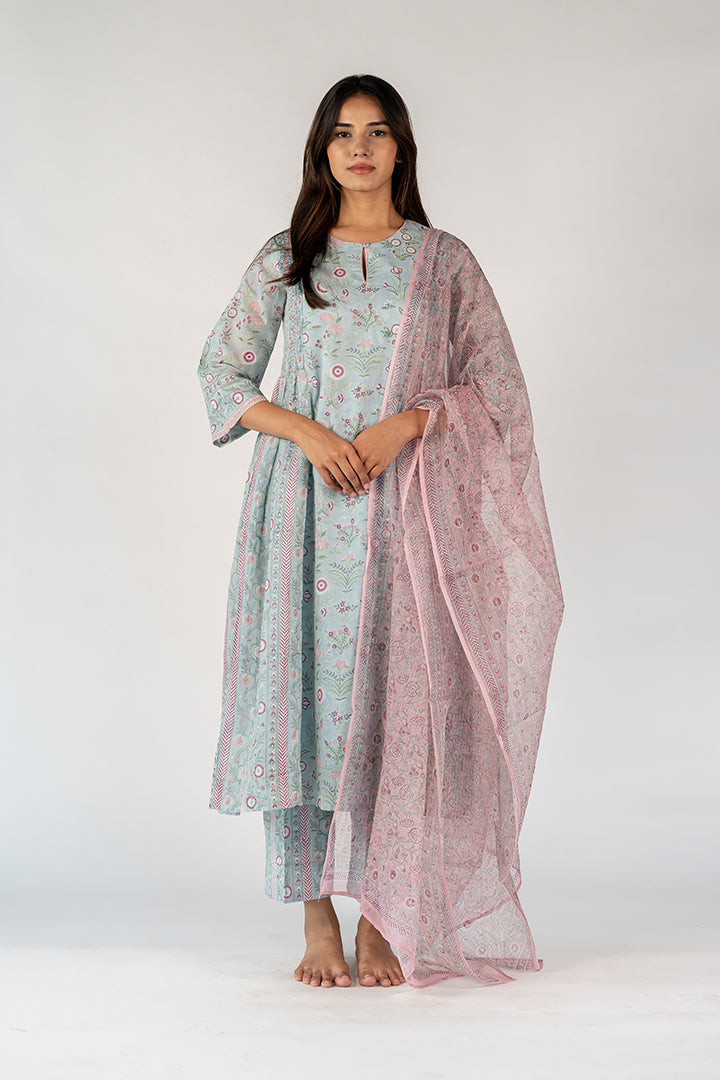 Cotton Kota Doria Hand Block Printed Dupatta - Blue