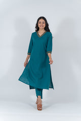 Cotton Hand Embroidery Kurta - Jade Green