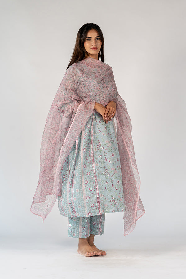 Cotton Kota Doria Hand Block Printed Dupatta - Blue