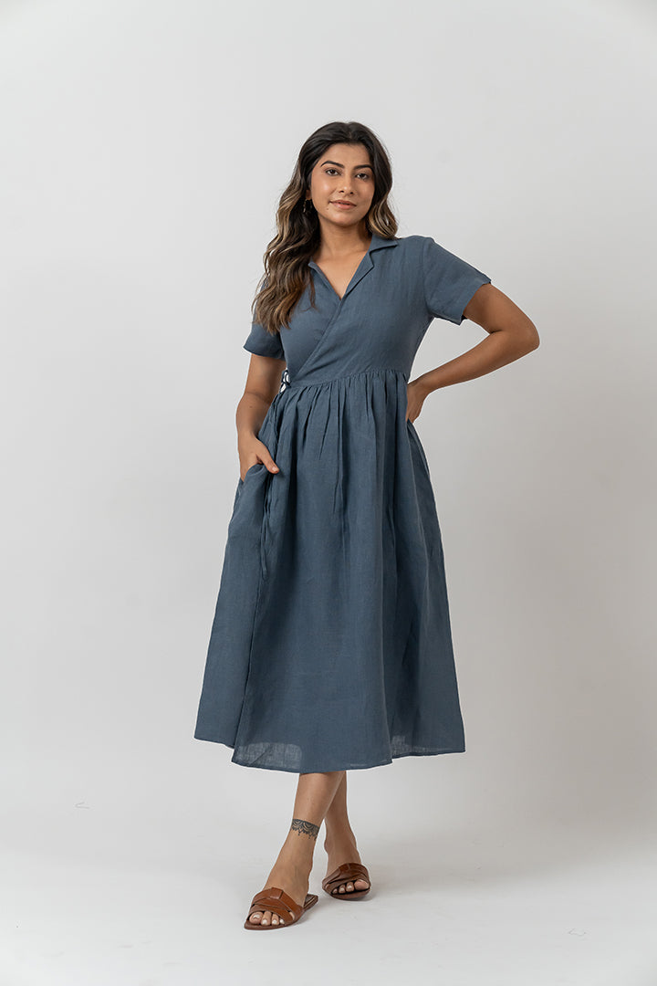 Linen Wrap Dress - Indigo