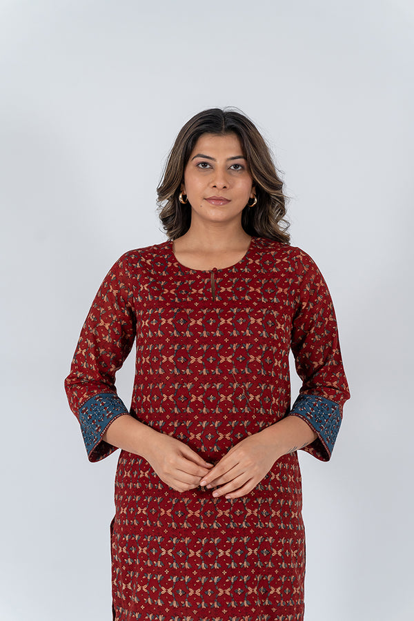 Cotton Ajrak Printed Kurta - Maroon