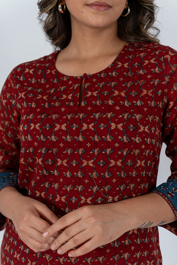 Cotton Ajrak Printed Kurta - Maroon