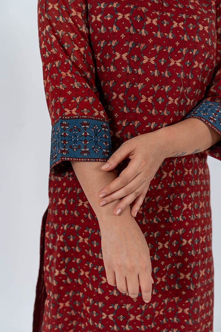 Cotton Ajrak Printed Kurta - Maroon