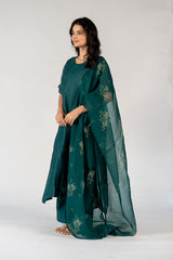 Organza Hand Block Printed Dupatta - Green