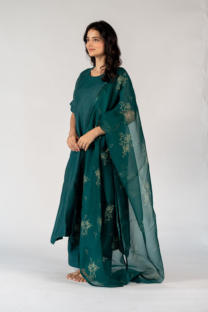 Organza Hand Block Printed Dupatta - Green