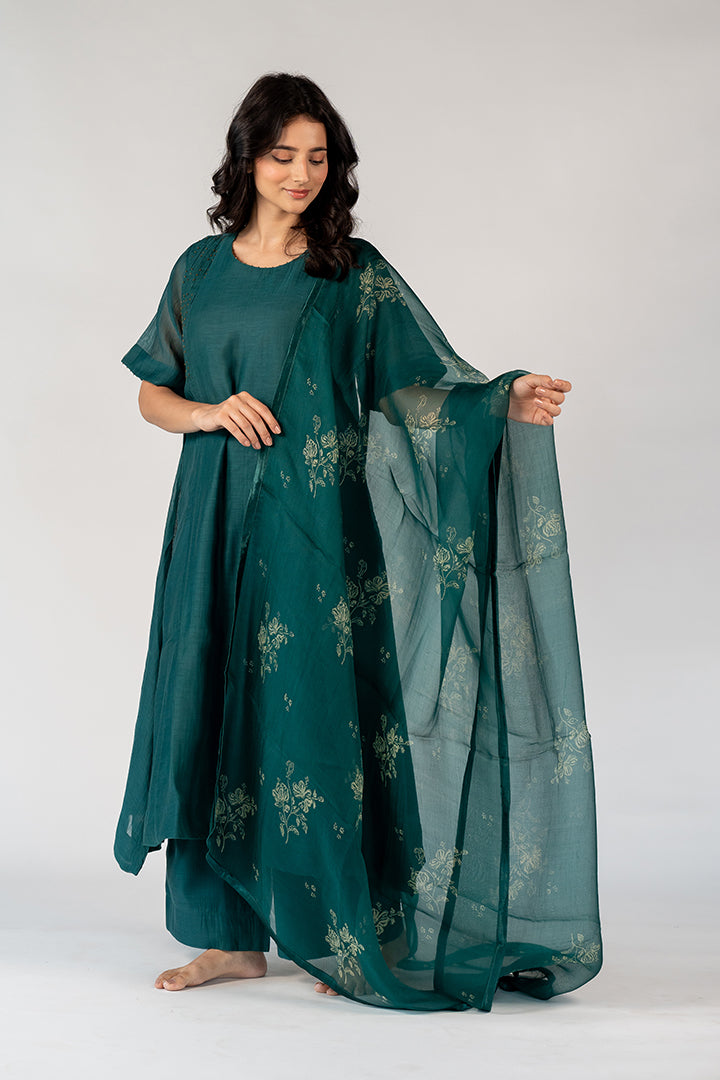Organza Hand Block Printed Dupatta - Green