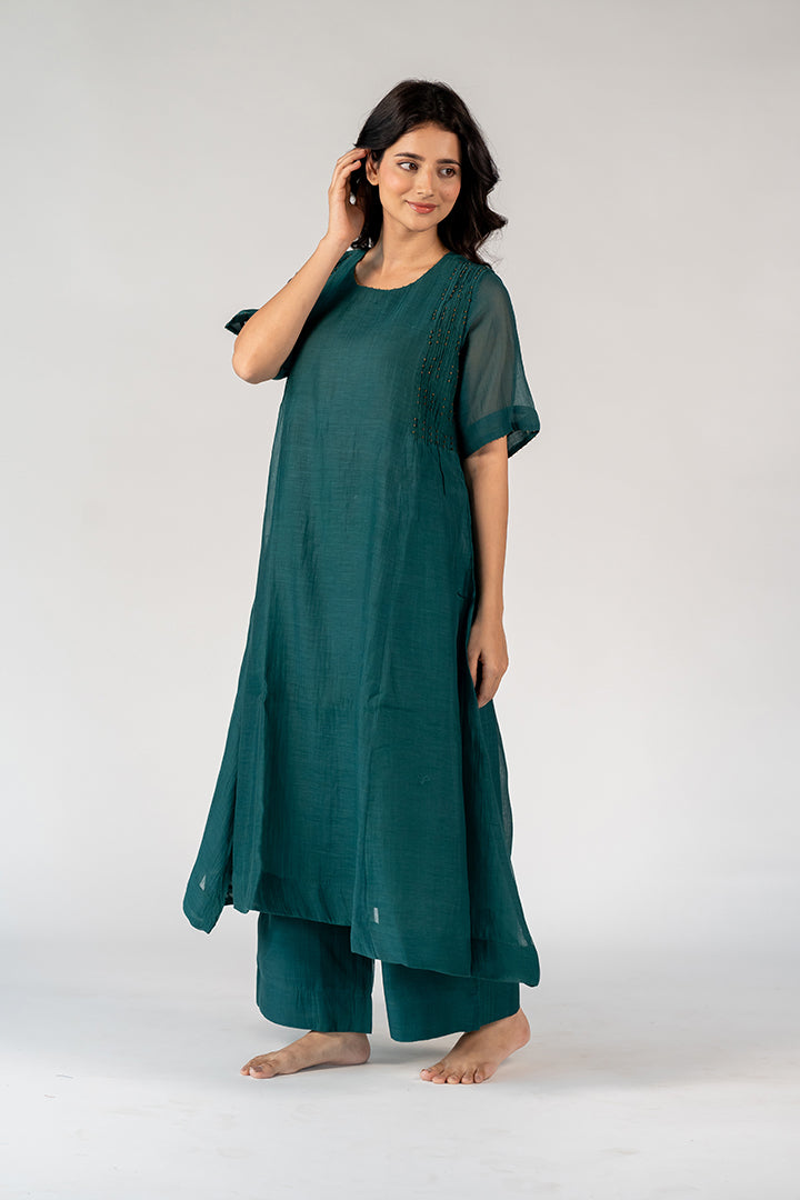 Chanderi Hand Embroidered Kurta - Green