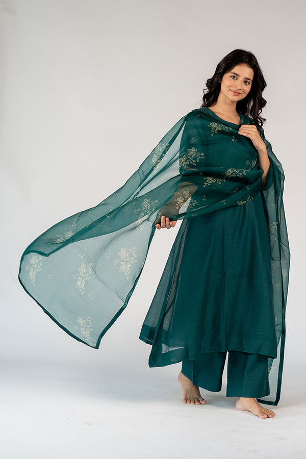Organza Hand Block Printed Dupatta - Green