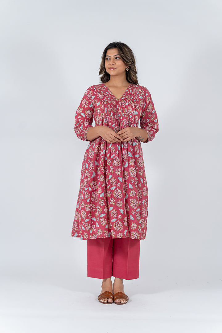 Cotton Hand Blocked Printed Kurta - Pink