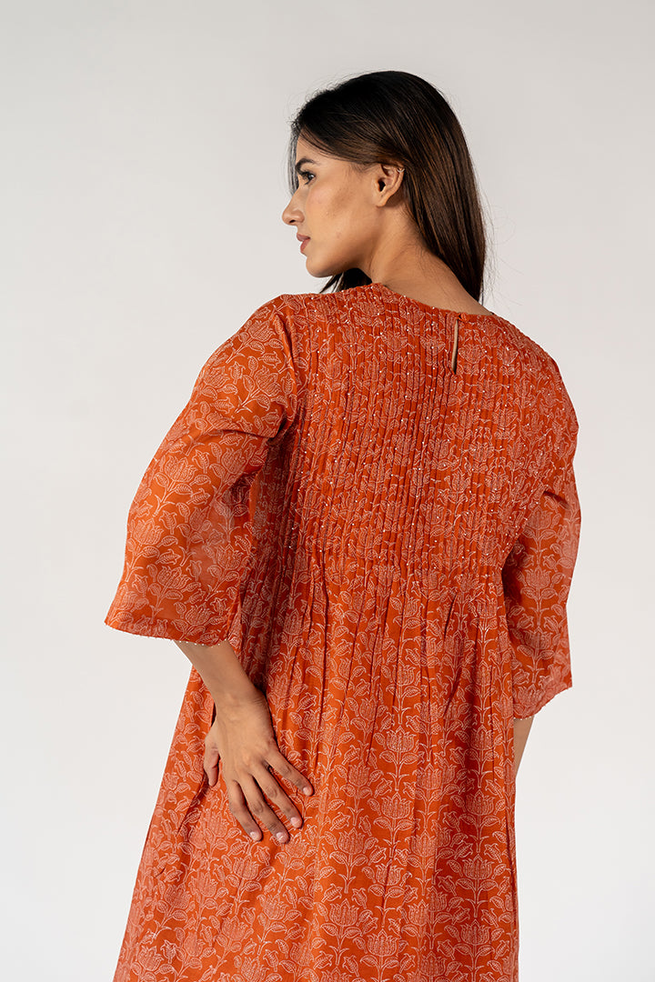 Chanderi Embroidered Kurta - Rust