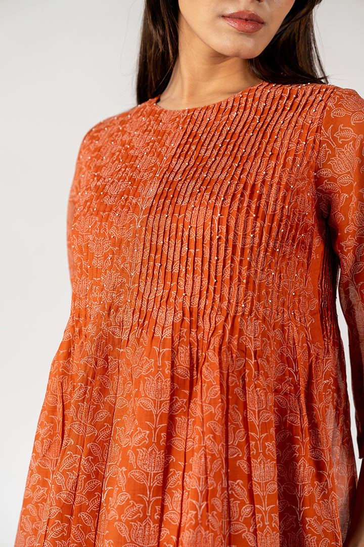 Chanderi Embroidered Kurta - Rust