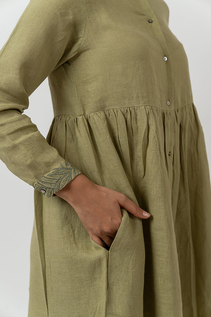 Linen Embroidered Dress - Pista Green