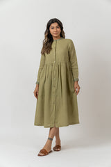 Linen Embroidered Dress - Pista Green