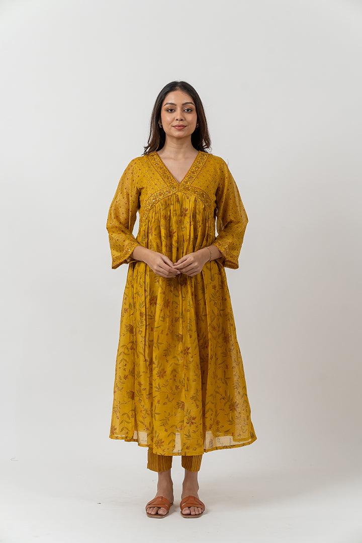 Chanderi Hand Block Printed Kurta with Sequins Details- Mustard Yellow