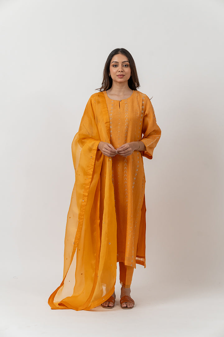 Chanderi Pittan Work Straight Kurta - Orange