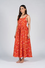 Cotton Screen Printed Dress - Orange