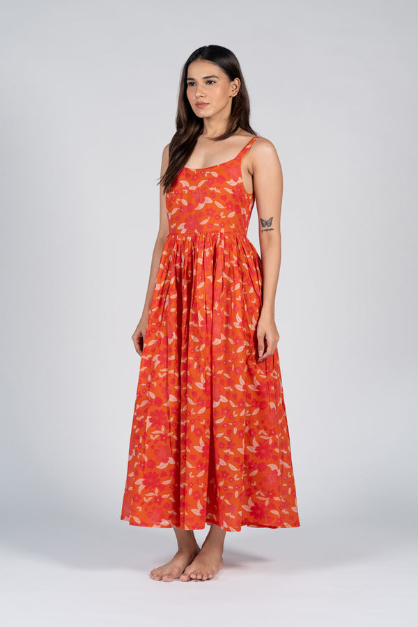 Cotton Screen Printed Dress - Orange