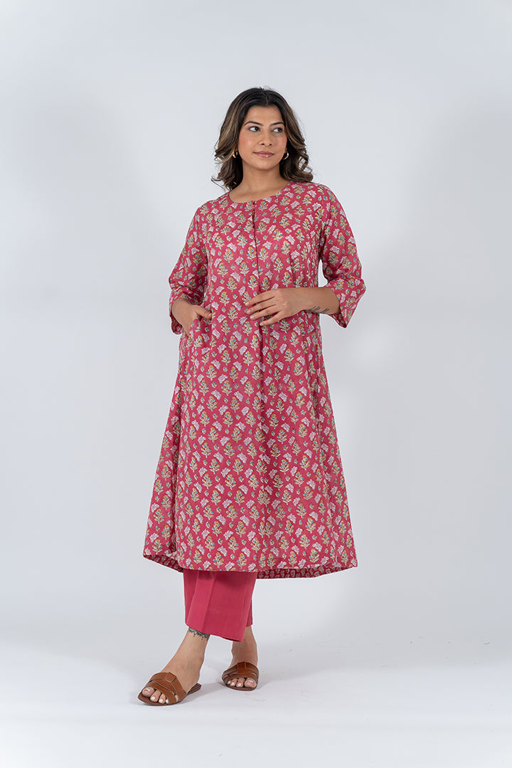 Cotton Hand Blocked Printed Kurta - Pink