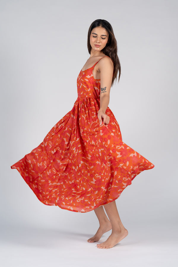 Cotton Screen Printed Dress - Orange
