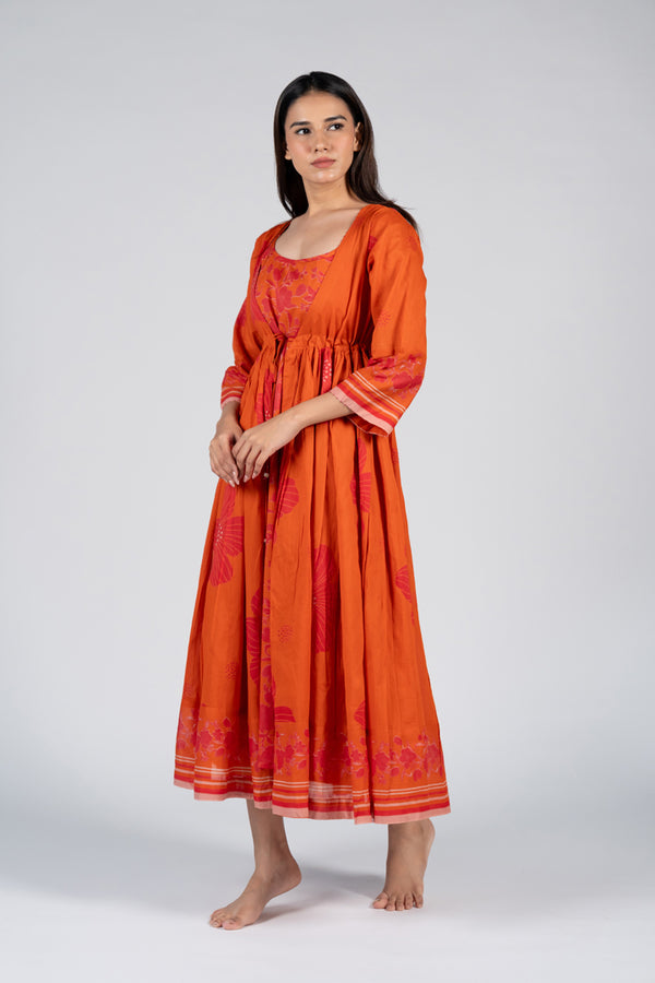 Cotton Screen Printed Dress - Orange
