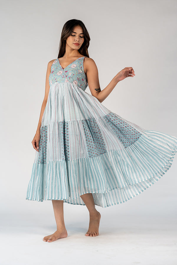 Cotton Hand Block Printed Dress - Blue