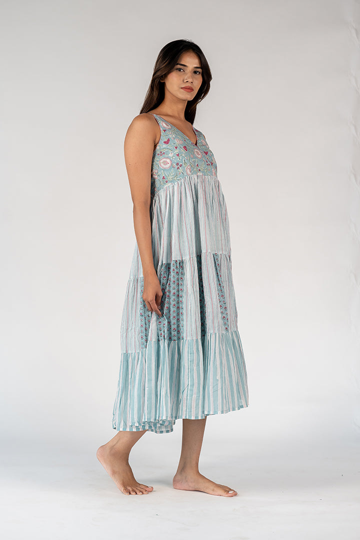 Cotton Hand Block Printed Dress - Blue