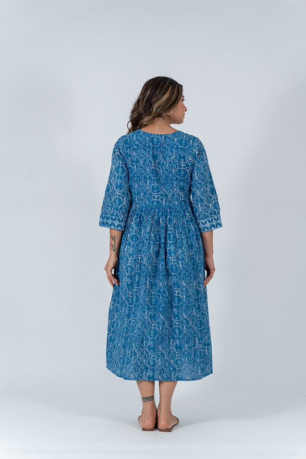 Cotton Hand Blocked Printed Dress - Indigo