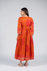 Cotton Screen Printed Dress - Orange