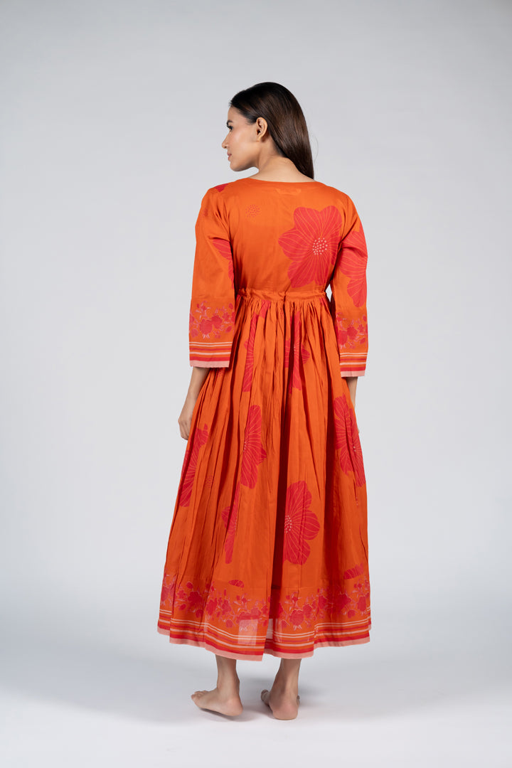 Cotton Screen Printed Dress - Orange