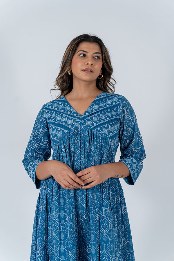 Cotton Hand Blocked Printed Dress - Indigo