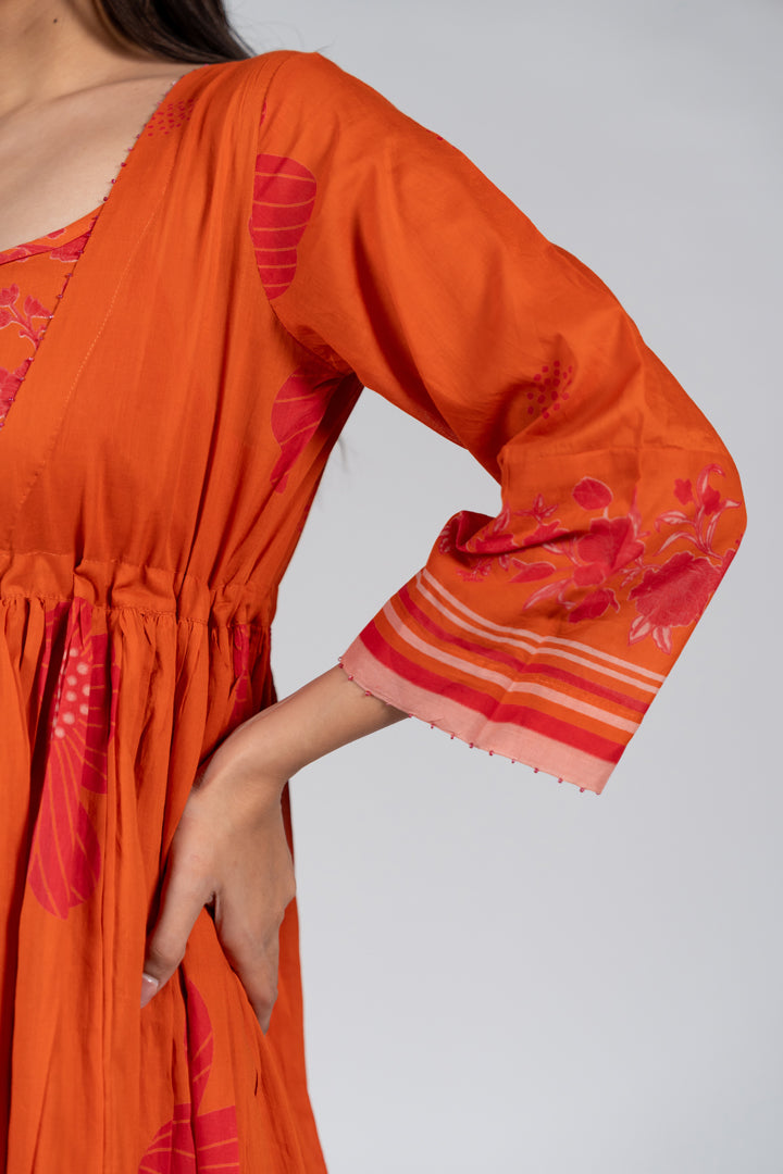 Cotton Screen Printed Dress - Orange