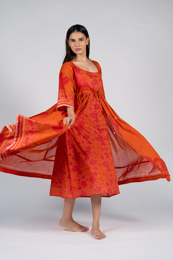 Cotton Screen Printed Dress - Orange