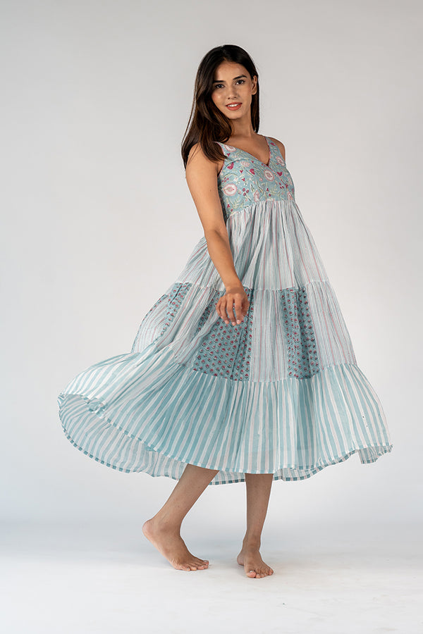 Cotton Hand Block Printed Dress - Blue