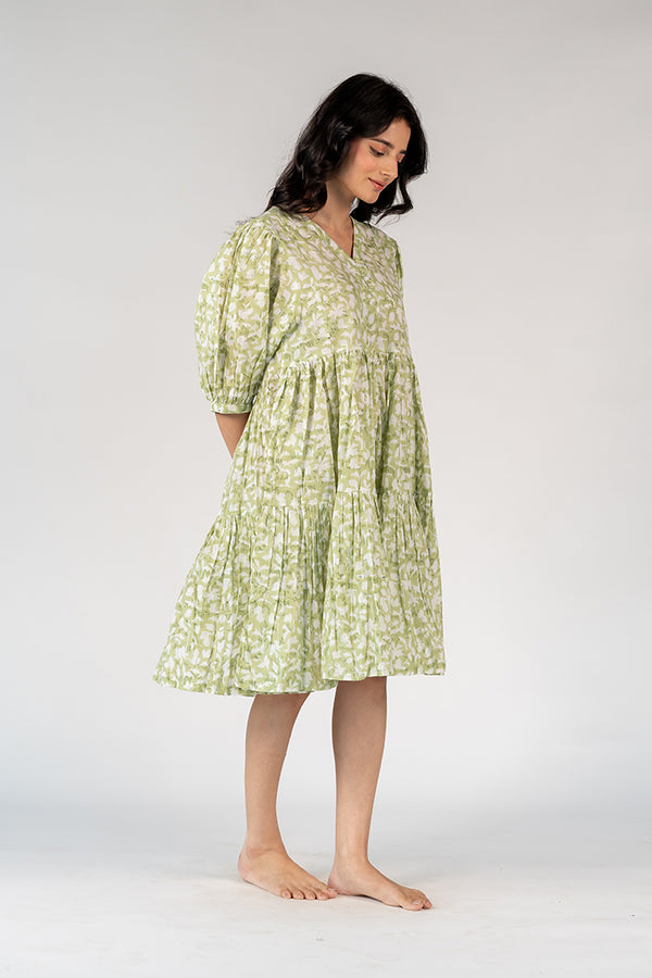Cotton Hand Block Printed Dress - Green