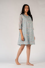 Blue Cotton Hand Block Printed Dress