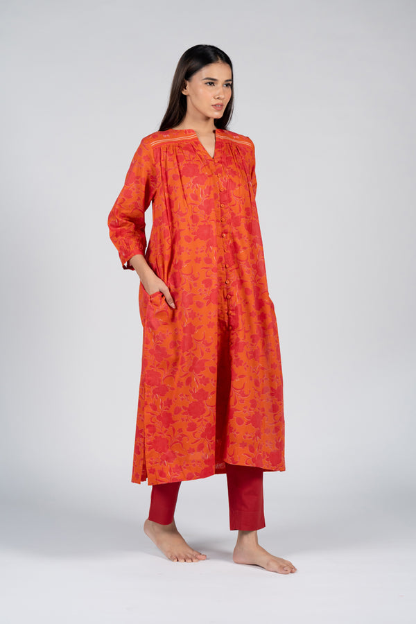 Cotton Screen Printed Kurta - Orange
