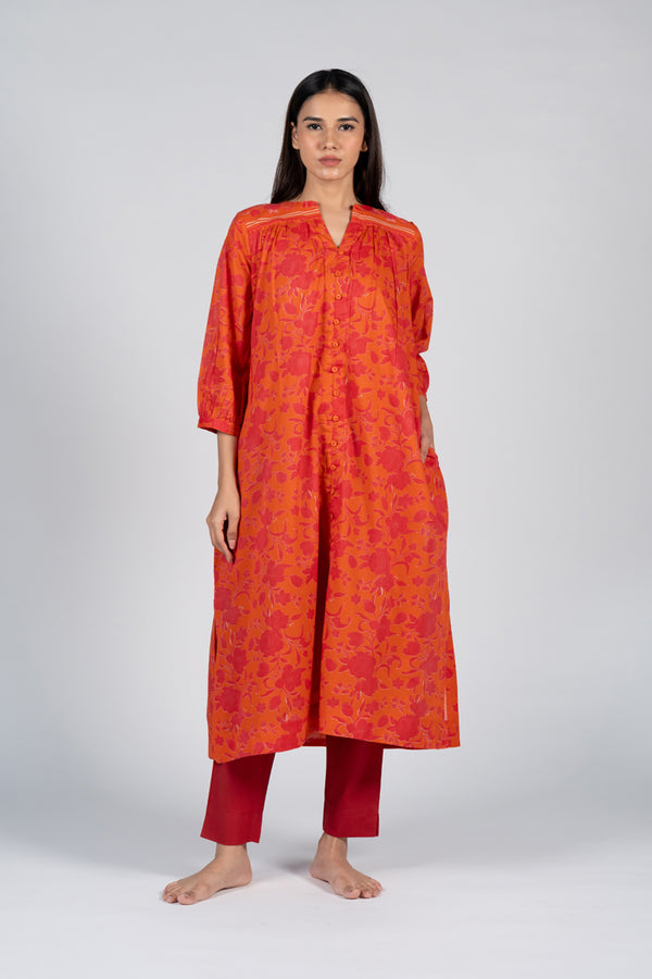 Cotton Screen Printed Kurta - Orange
