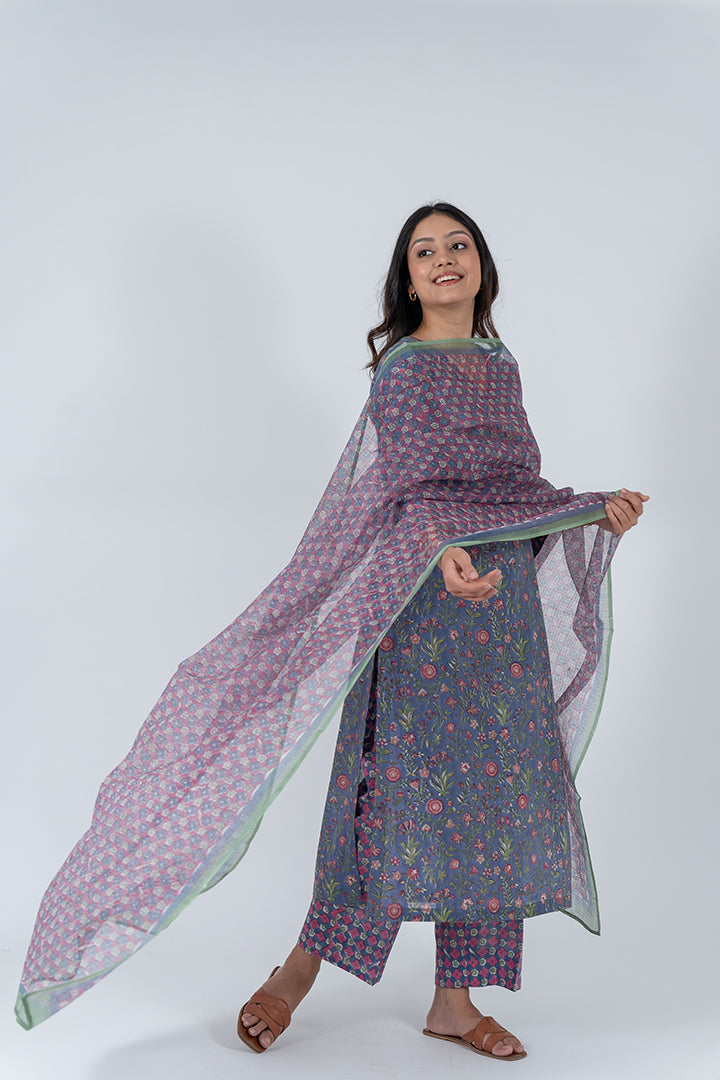 Kota Doria Hand Block Printed Dupatta - Pink