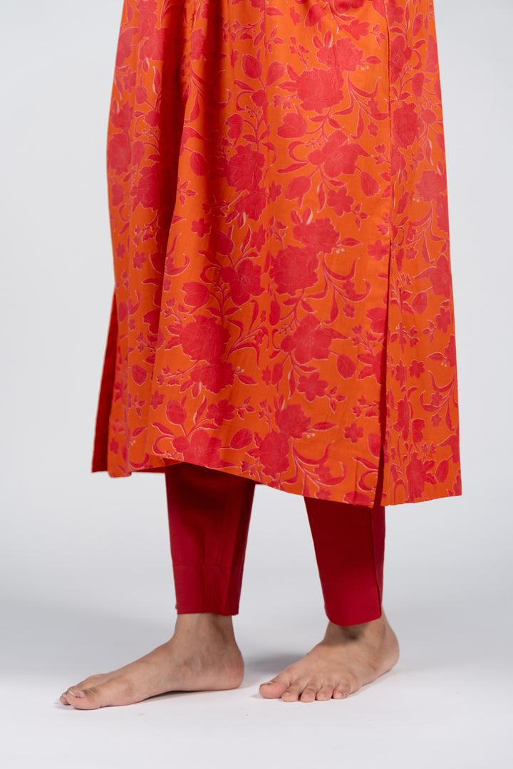 Cotton Screen Printed Kurta - Orange