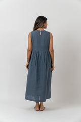 Linen Round Neck Dress - Indigo