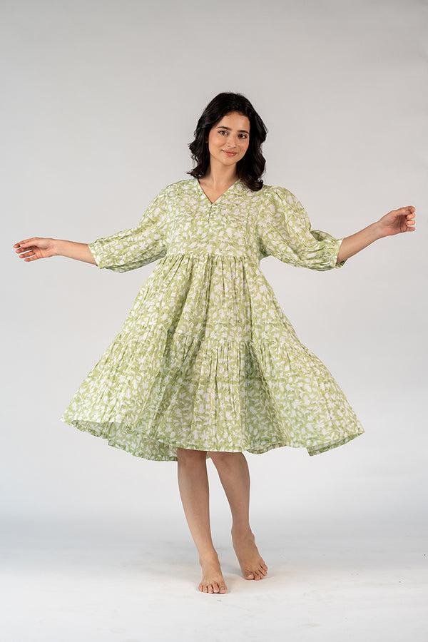 Cotton Hand Block Printed Dress - Green