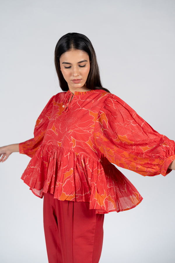 Cotton Screen Printed Top - Orange