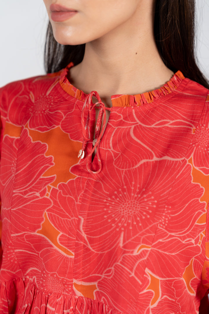 Cotton Screen Printed Top - Orange