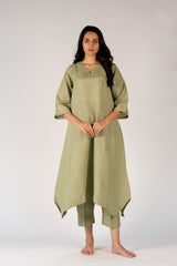 Linen Hand Embroidered Dress - Green