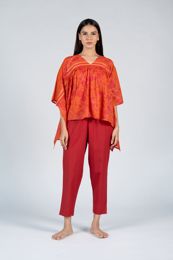 Cotton Screen Printed Kaftan Top - Orange