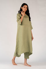 Linen Hand Embroidered Dress - Green