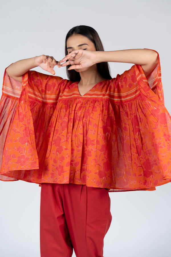 Cotton Screen Printed Kaftan Top - Orange